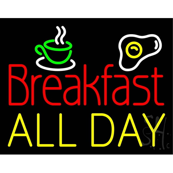 Breakfast All Day LED Neon Sign 24 x 31 - inches, Black Square Cut Acrylic Backing, with Dimmer - Bright and Premium built indoor LED Neon Sign for restaurant window and interior decor.