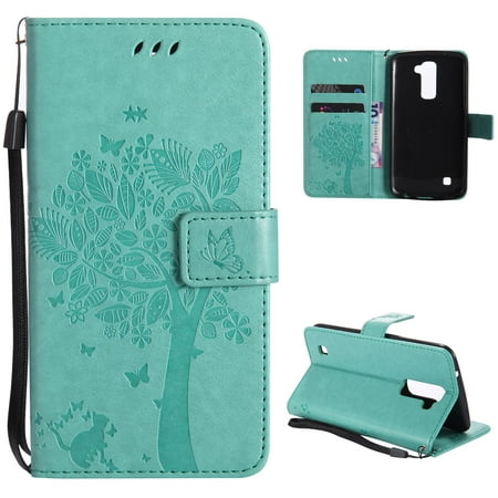 Flip Cover Cell Phone Case LG K10 Case, LG Premier LTE Cell Phone Case, Allytech Embossed Cat & Tree PU Leather Wallet Protective Case Cover Flip Stand Cover With Card Holder for LG K10/ LG Premier LTE L62VL L61AL (2016),Green ()