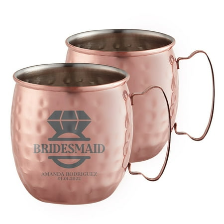 

PERSONALIZED Stylish Bridesmaid Ultimate Gift: Custom Engraved Moscow Mule Mugs with Classic Round Rolled Rim and Sturdy Handle Hammered Copper Finish 16 oz Diamond Ring Set of 2