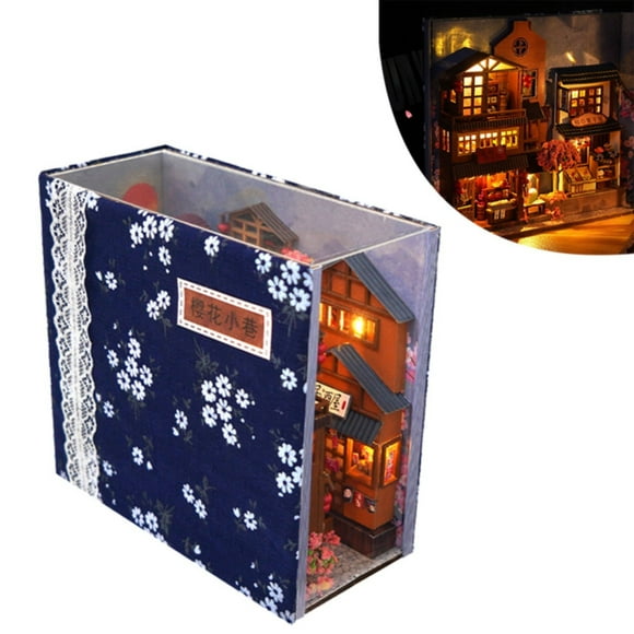 3D Wooden Puzzle Bookend DIY Book Nook Kit with LED Light Shelf Insert Alley Miniature Dollhouse Model Building Set Craft for Birthday Gifts Home Desk Decoration