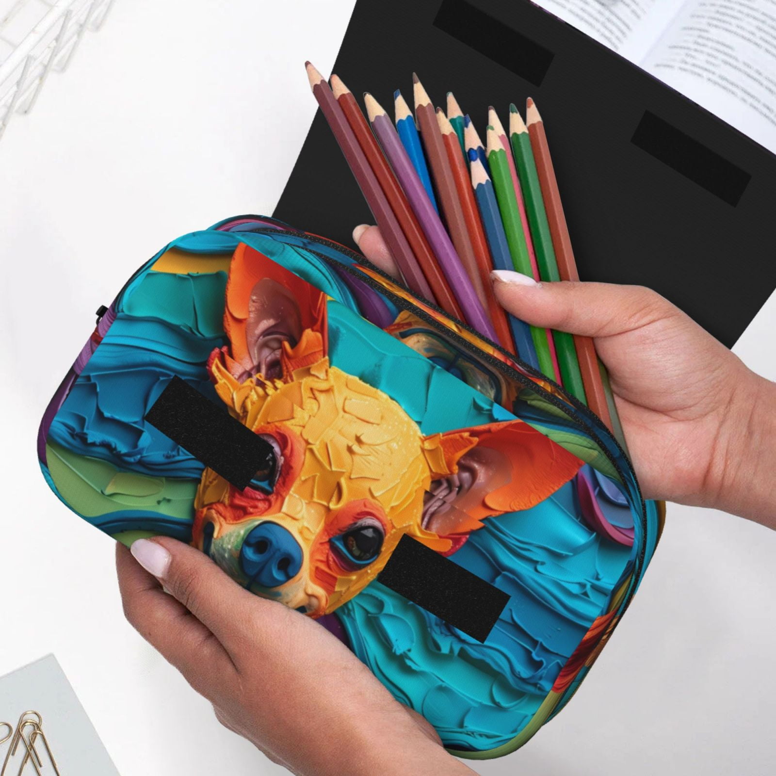 Rateoe Colorful Textured Chihuahua Pattern Double Clamshell Pen Case, Storage Organizer with Two Zipper Compartments– Holds Up to 50 Pencils & Pens