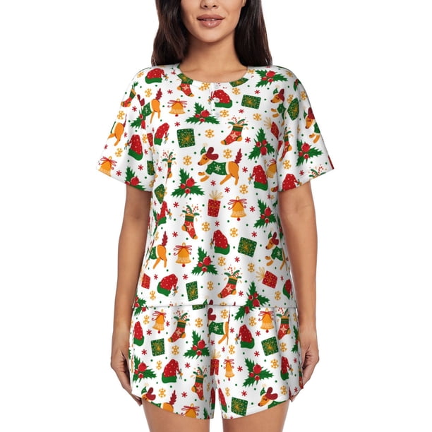 Balery Christmas Hat Cute Puppy Conjunto de Pijama para Mujer con Estampado, Dos Piezas de Manga Corta y Shorts, Ropa de Dormir Suave con Cuello Redondo y Bolsillos-Medium