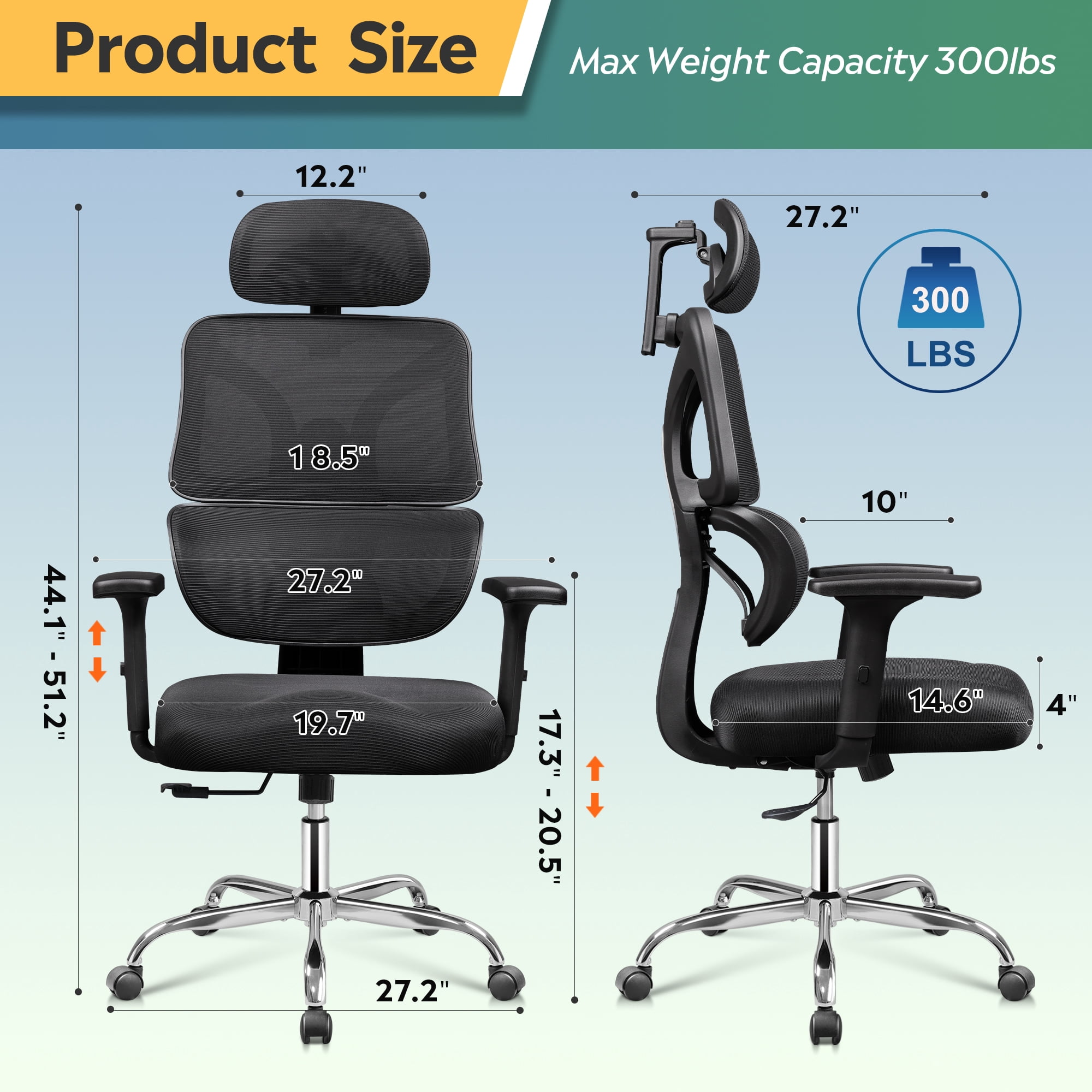 GALAXHERO Ergonomic Big and Tall Office Chair, Adjustable Mesh Desk Chair with Lumbar Support and Armrests, Reclining for Long Hours, Black