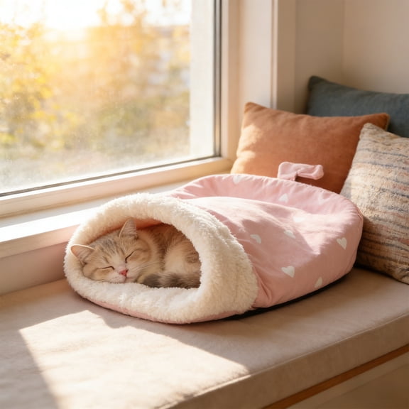 Pink Cat Bed Pink Pet Bed Pink Winter Warm Semi-Enclosed Pet Bed Tunnel Design Cat Sleeping Bag Dog Cave Plush Material Cozy Hideaway Indoor Use Small Animal Shelter
