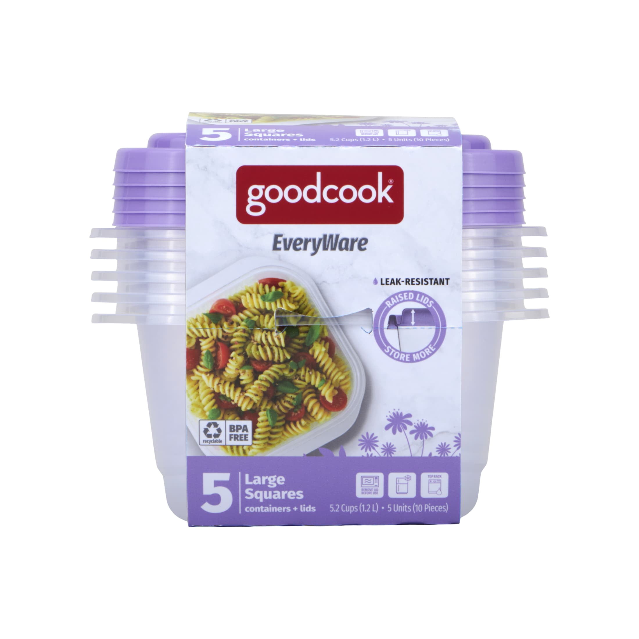 GoodCook EveryWare Large 5.2 Cup Square Food Storage Container, Set of 10, Purple, BPA Free