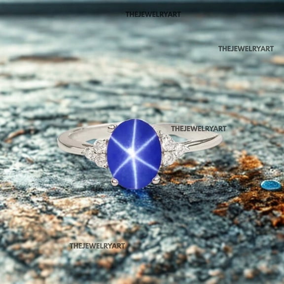 thejewelryart 925 Sterling Silver Blue Star Sapphire Gemstone Ring Blue Star Gems Wedding & Bridal Ring Handmade Jewelry for Her Silver 3