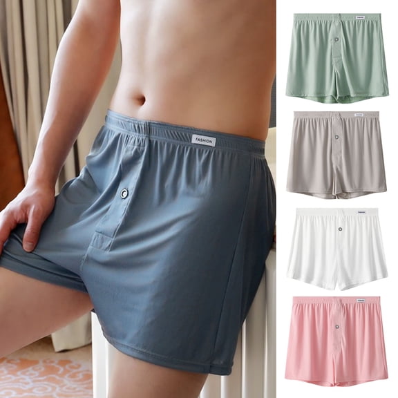 Joernso Men Boxer Underwear Elastic Waist Mid-rise Shorts Briefs Solid Color Wide Loose Fit Button Fly Ice Silk Thin Panties