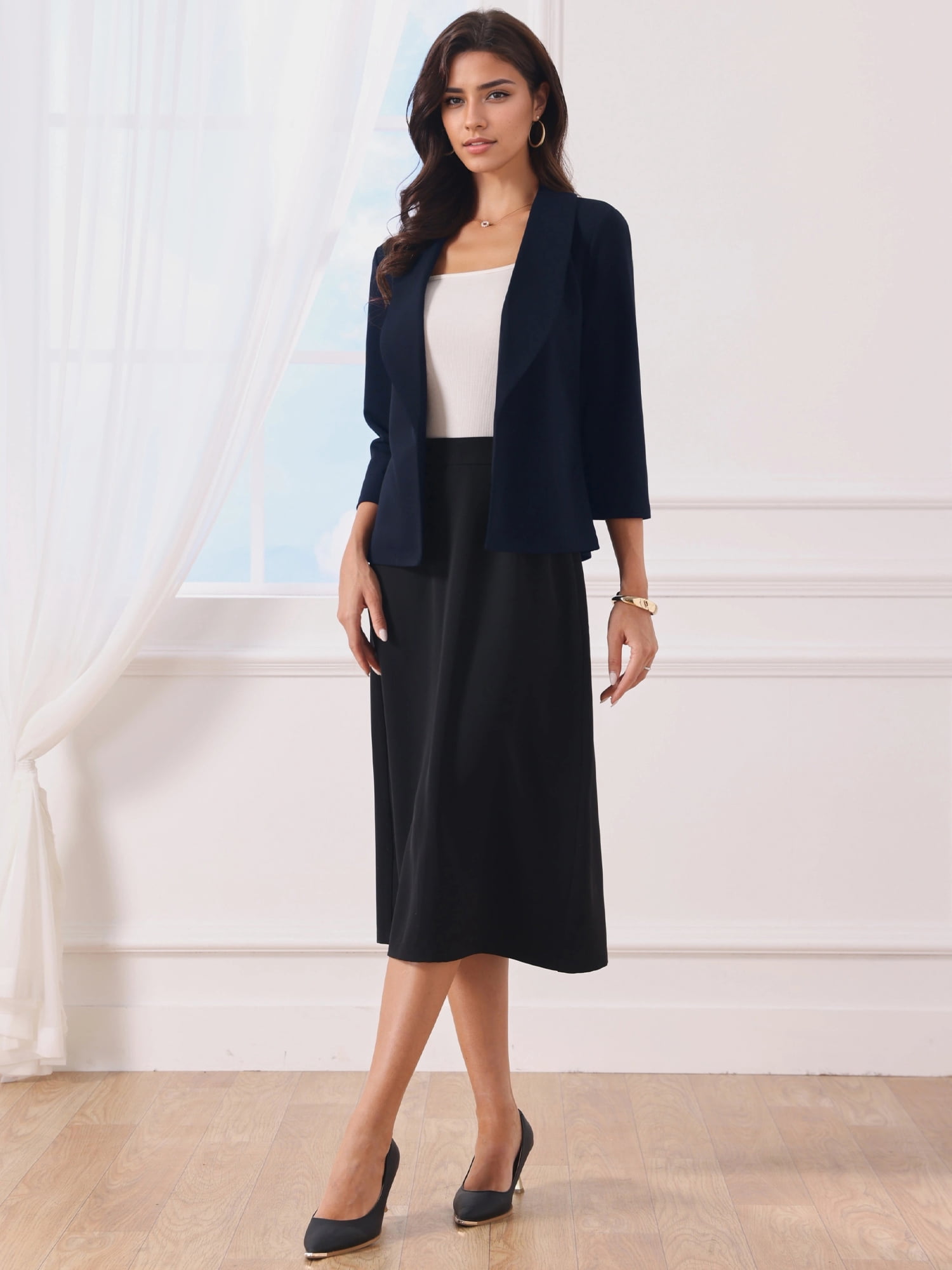 DARING DIVA Women's Open Front Lightweight Cardigan Shawl Collar Blazer L Dark Blue