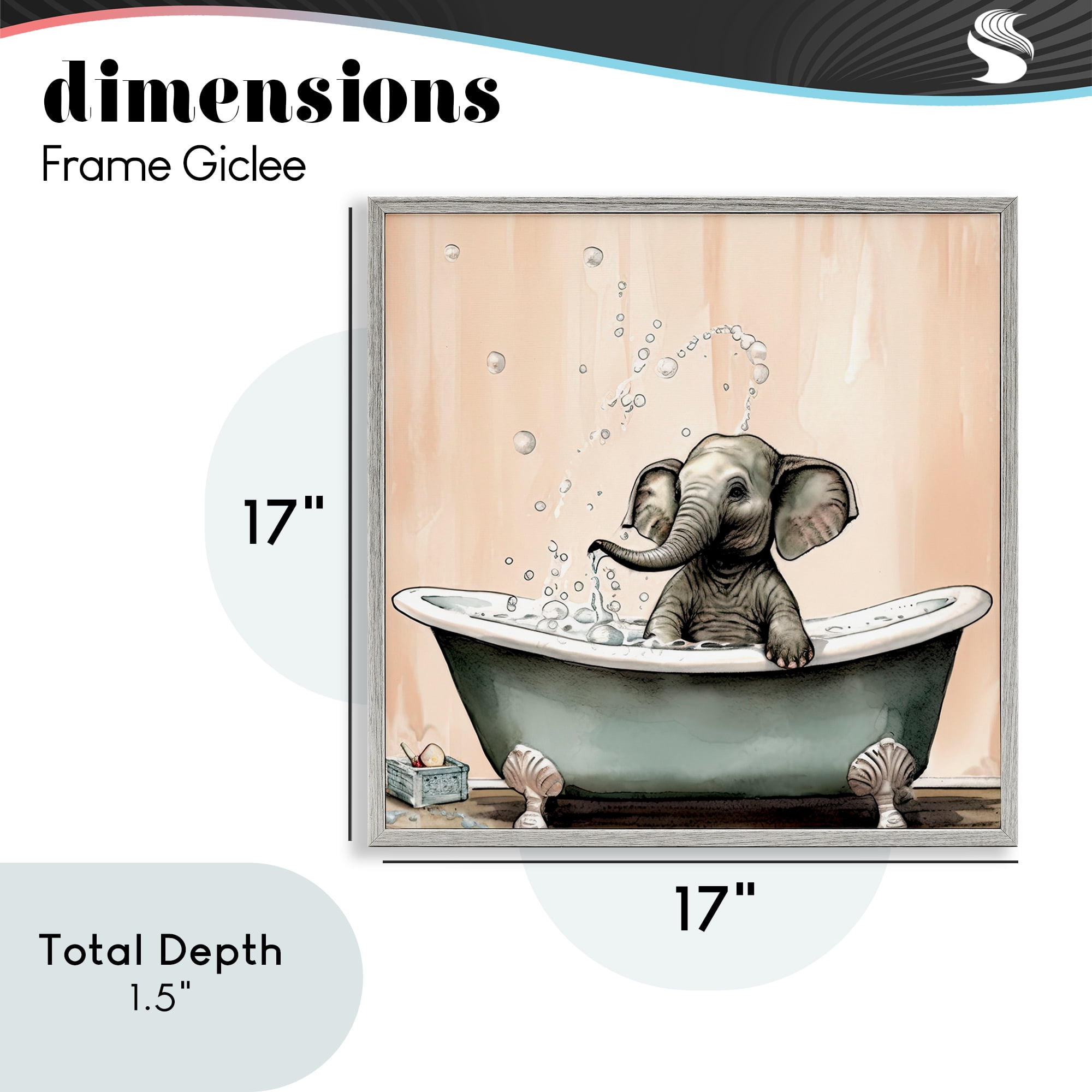 Baby Elephant Bubble Bath Gray Framed Giclee Art, design by Sasha
