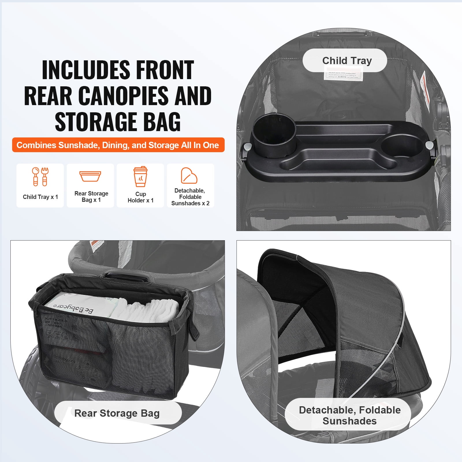 KFFKFF Multi-Terrain Wagon Stroller, Dual-Seating, Easily Foldable for Travel, Comes with Shade Cover, Storage for Parents, Food Tray & Beverage Holders, Supports up to 55lbs per Seat