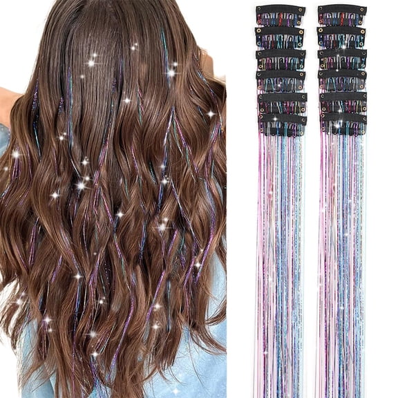BZCOE Hair Tinsel Pack of 12 Pcs Colorful Glitter Hair Accessories 20 Inch Clip in Hair Tinsel Extensions Fairy Hair Accessories Party Kit for Women Girls 12Pcs,Colorful#