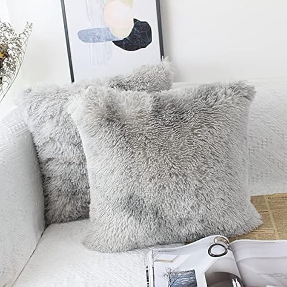 Eryueer Set of 2 40 x 40cm Faux Fur Fluffy Cushion Covers Soft Throw Pillow Case 16x16 Grey Decorative Square Plush Pillowcase for Livingroom Sofa Bedroom