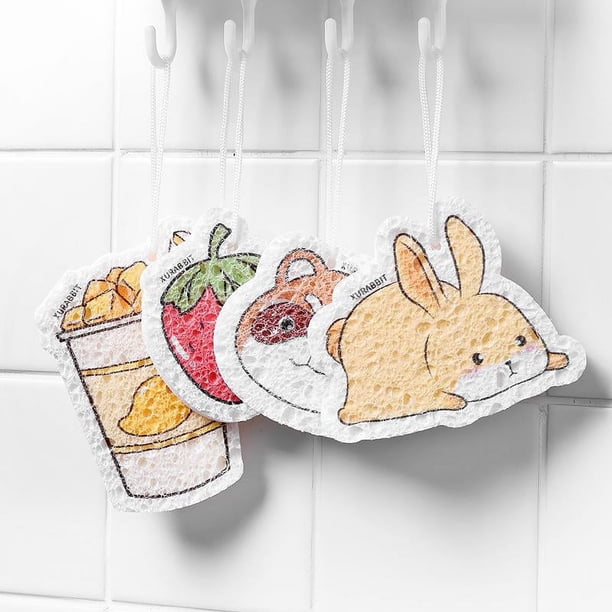 Paquete de 4 esponjas de cocina con cordón, que se adaptan al tamaño de tu mano, universales y reutilizables, esponjas mágicas para eliminar fácilmente la suciedad y las manchas difíciles