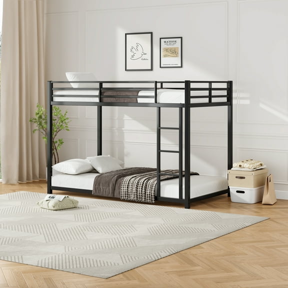 Miniyam Twin over Twin Metal Bunk Bed for Kids with Ladder and Safety Guardrails, Space-Saving Powder-Coated Steel Frame, Black