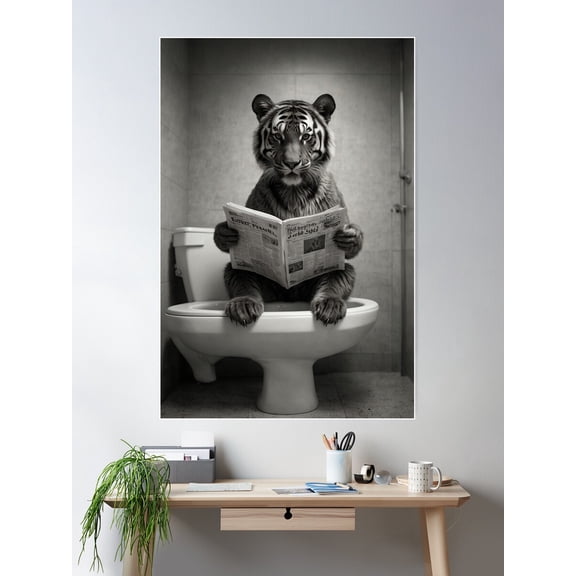 Fierce Focus Tiger Reading Newspaper Poster Wall Art, Modern Wall Decor For Living Room Bedroom, 24x36 UNFRAMED