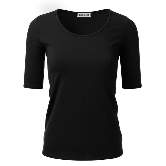 SSOULM Women's 1/2 Sleeve Crewneck Cotton Basic Slim Fit T-Shirt Top with Plus Size