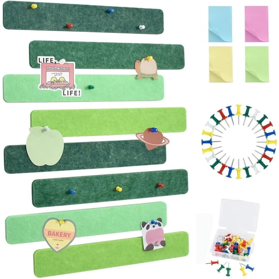 8 pcs Bulletin Board Bar Strips with 50 Pushpins & 10 Wooden Clip pins，Self Adhesive Cork Board for Wall，Felt Pin Board for School，Office Decor(Green)