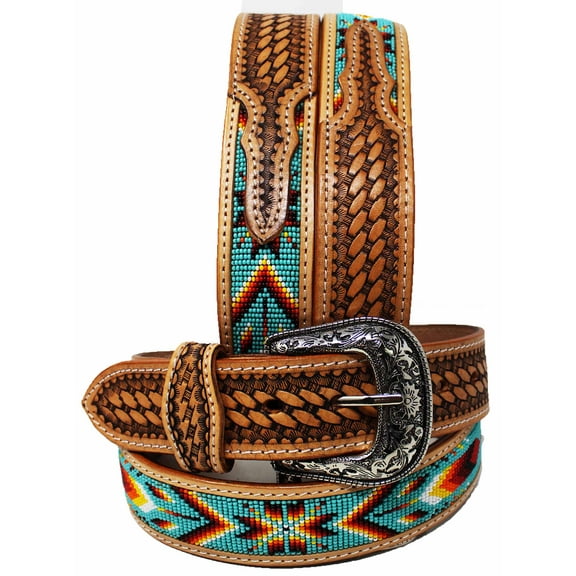 38  Unisex 1.5" Western Beaded Tooled Full-Grain Leather Belt 26RTW48