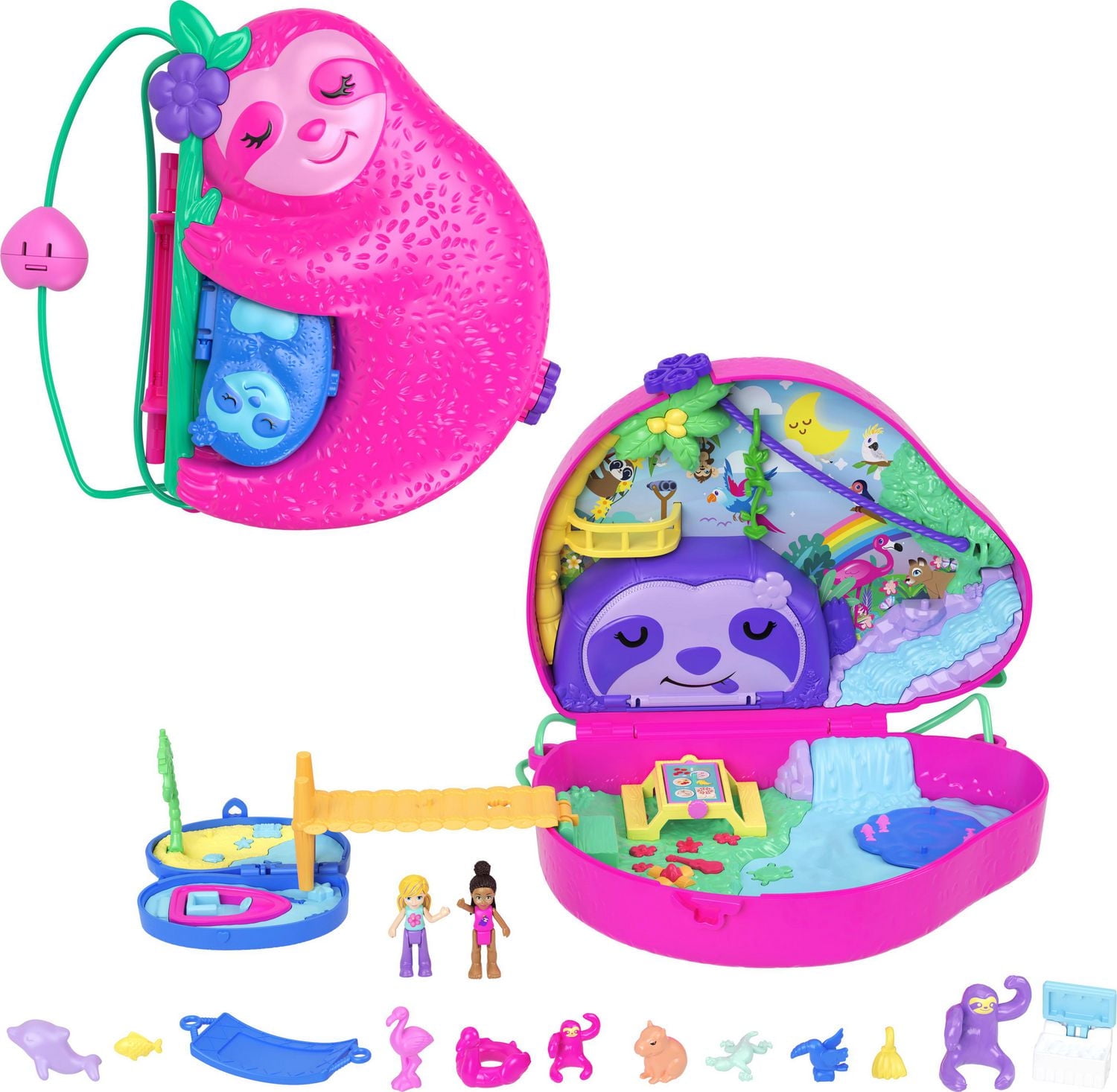 Polly Pocket Dolls and Micro Playset, Travel Toys, Sloth Family 2-in-1 Purse Compact and Accessories