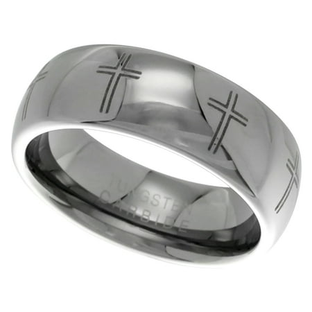 - 8mm Tungsten 900 Wedding Ring Domed Laser Etched Crosses High Polish Comfort fit, sizes 9 - 12