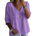 thumbnail image 3 of HAOTAGS Womens 3/4-Sleeve Blouse，V-Neck Button-Down Casual Printed Loose Shirt Top Purple Size S, 3 of 7