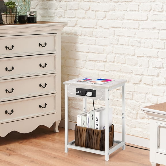 Nightstand with Charging Station, End Table with USB Ports and Power Outlets, Small Bedside Table for Bedroom Farmhouse, White