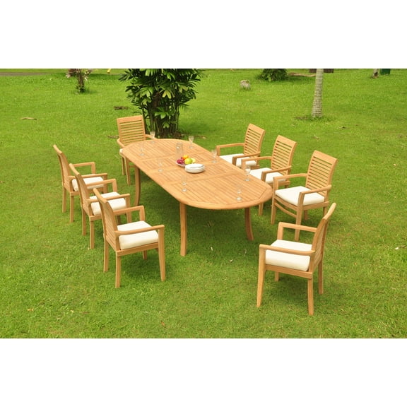 Grade-A Teak Dining Set: 8 Seater 9 Pc: 118" Double Extension Oval Table And 8 Mas Stacking Arm Chairs Outdoor Patio WholesaleTeak #WMDSMS30
