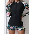 thumbnail image 3 of SWSMCLT Women's Half Zip Up Rash Guard Shirt Floral Diving Bathing Suit Boyleg Printed 2 Piece Long Sleeve Swimsuit Zipper Front Swimming Swim Shorts Black 14, 3 of 5