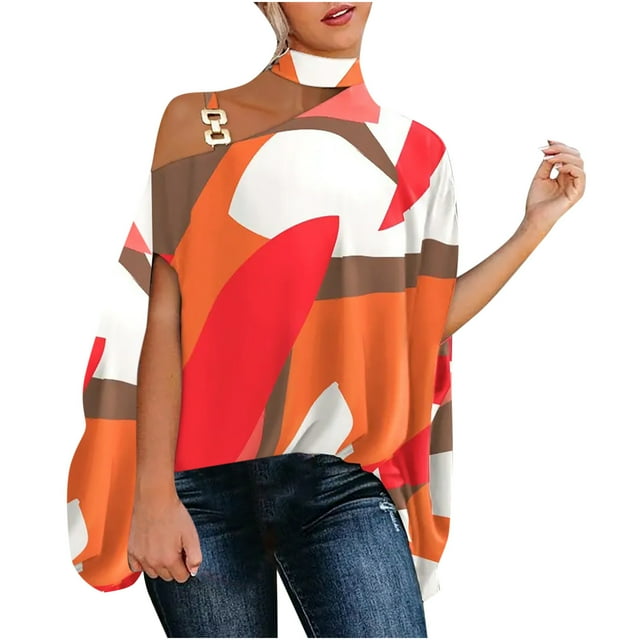 Pompotops Femmes Casual Demi Batwing Manches Licol Cou de l'Épaule Imprimé et Solide Pull-Over