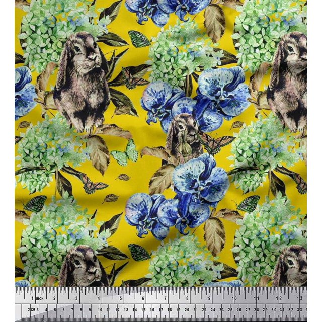 Soimoi Poly Georgette Fabric Rabbit,Lilac & Pansy Floral Print Fabric by Yard 42 Inch Wide