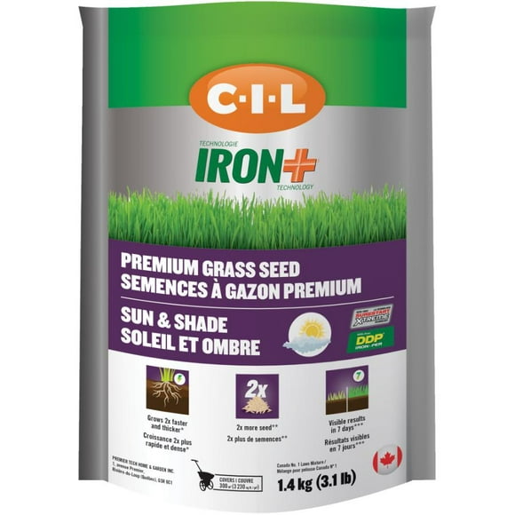 CIL Iron+ Premium Grass 2338090 Seed Sun and Shade Grass 1.4KG Outdoor Seed Turf Successful Seeding, retain Water, Works on Shady or Sunny Area