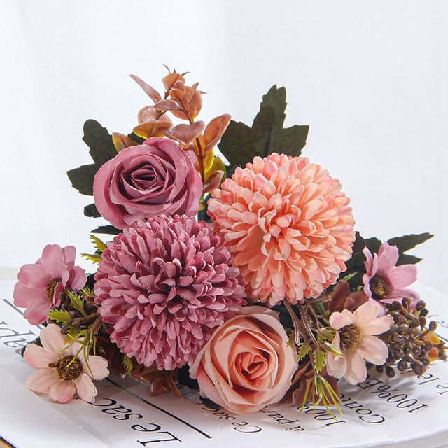Artificial Roses Hydrangea Bouquet Faux Flowers Small Arrangement Lifelike Floral Centerpieces for Wedding Table Kitchen Home Decoration Photo Props