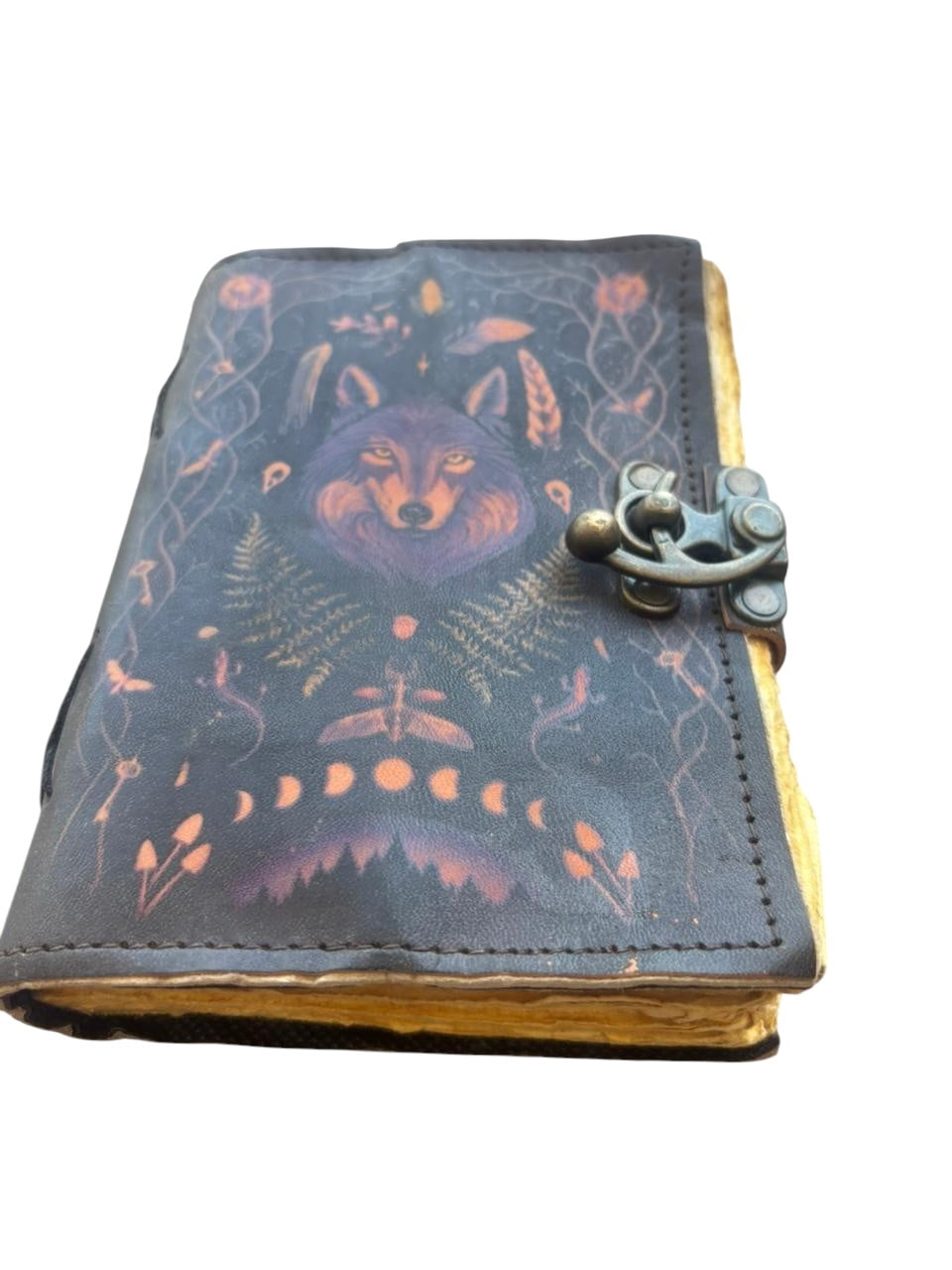 Handmade Leather Journal 5x7 – Wolf Design, 200 Deckle Edge Pages, Vintage Rustic Notebook with Clasp