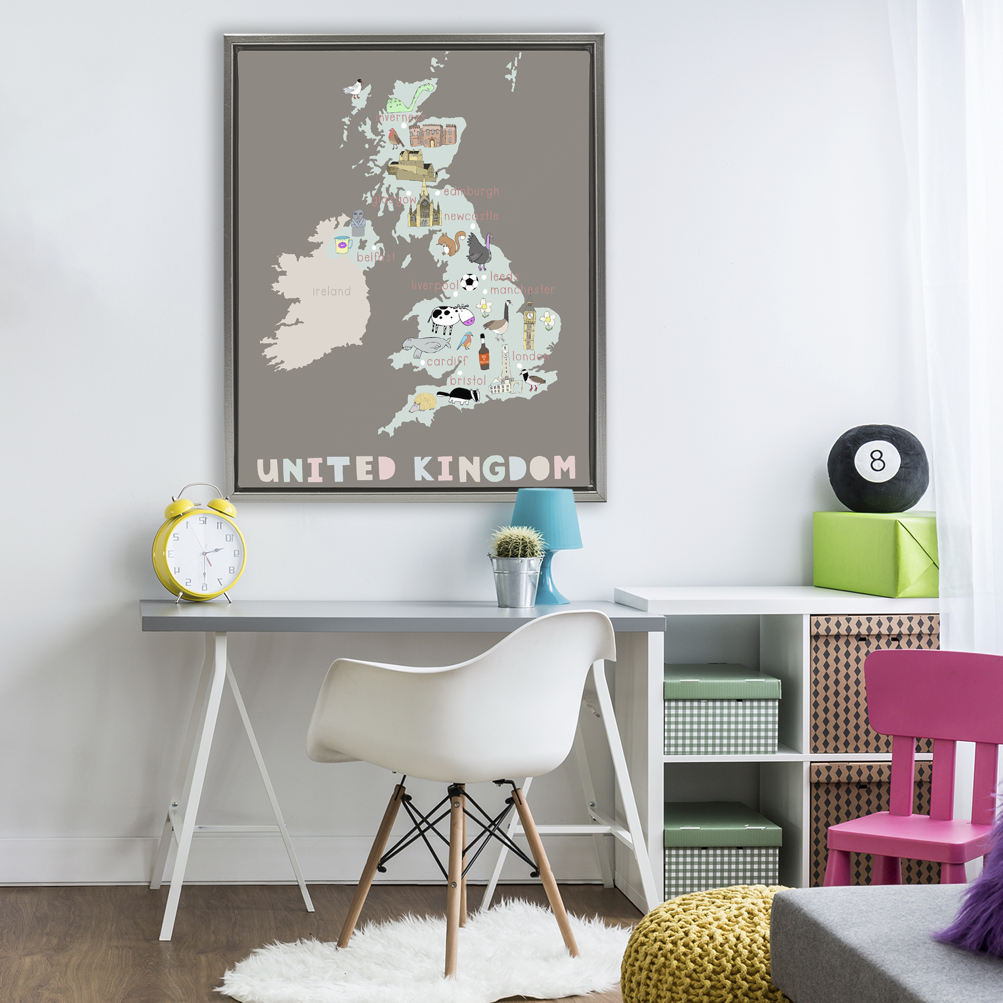 Kid's Map of United Kingdom Gray Framed Floater Canvas Wall Art, design by Carla Daly