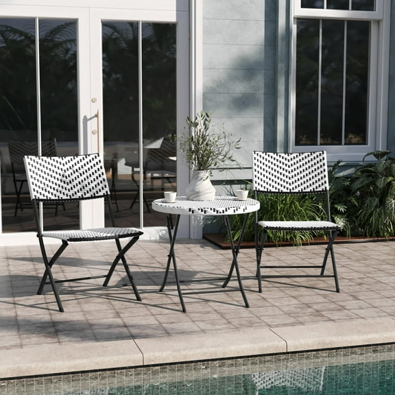 Emma Oliver Three Piece Folding Bistro Set in Black and White PE Rattan with Black Metal Frames for Indoor and Outdoor Use