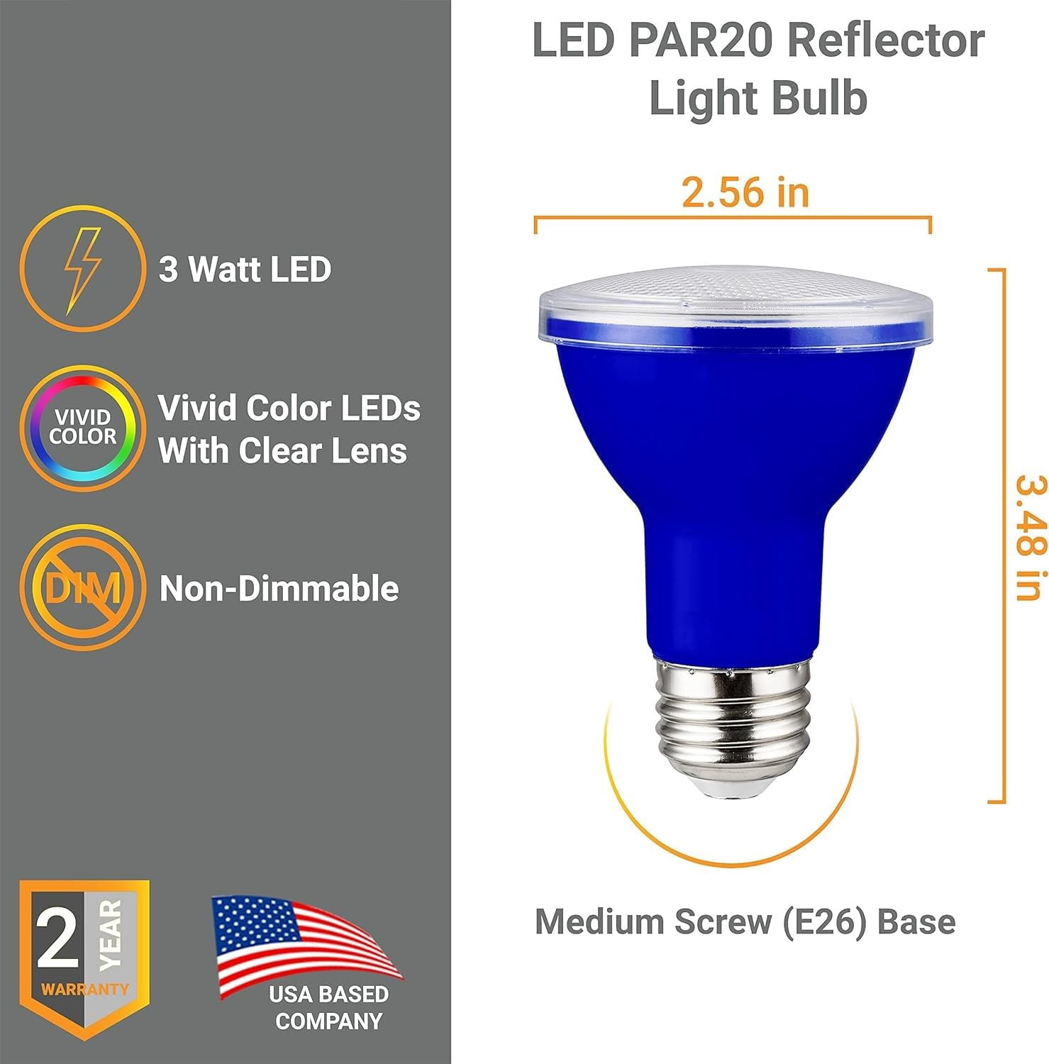 Diodesy- Pack of 4 PAR20/LED/3W/B PAR20 Blue LED Flood Light Bulbs, 3 Watt (50W Equivalent), Non-Dimmable, E26 Blue Color Spotlight for Outdoor Landscape, Halloween and Christmas Decoration,ETL Listed