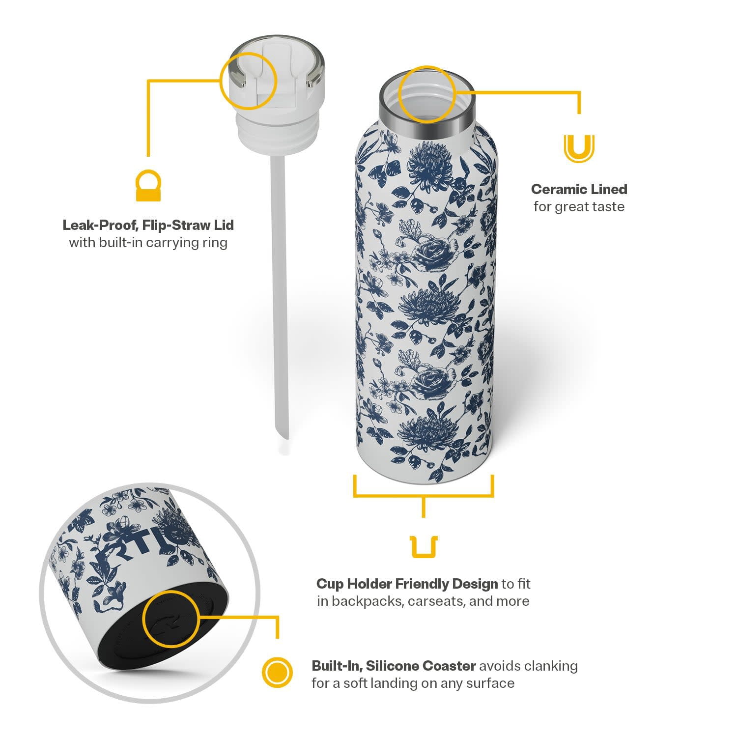 RTIC 20 oz Ceramic Lined Insulated Journey Water Bottle, Leak-Proof Lid, Blue Bouquet