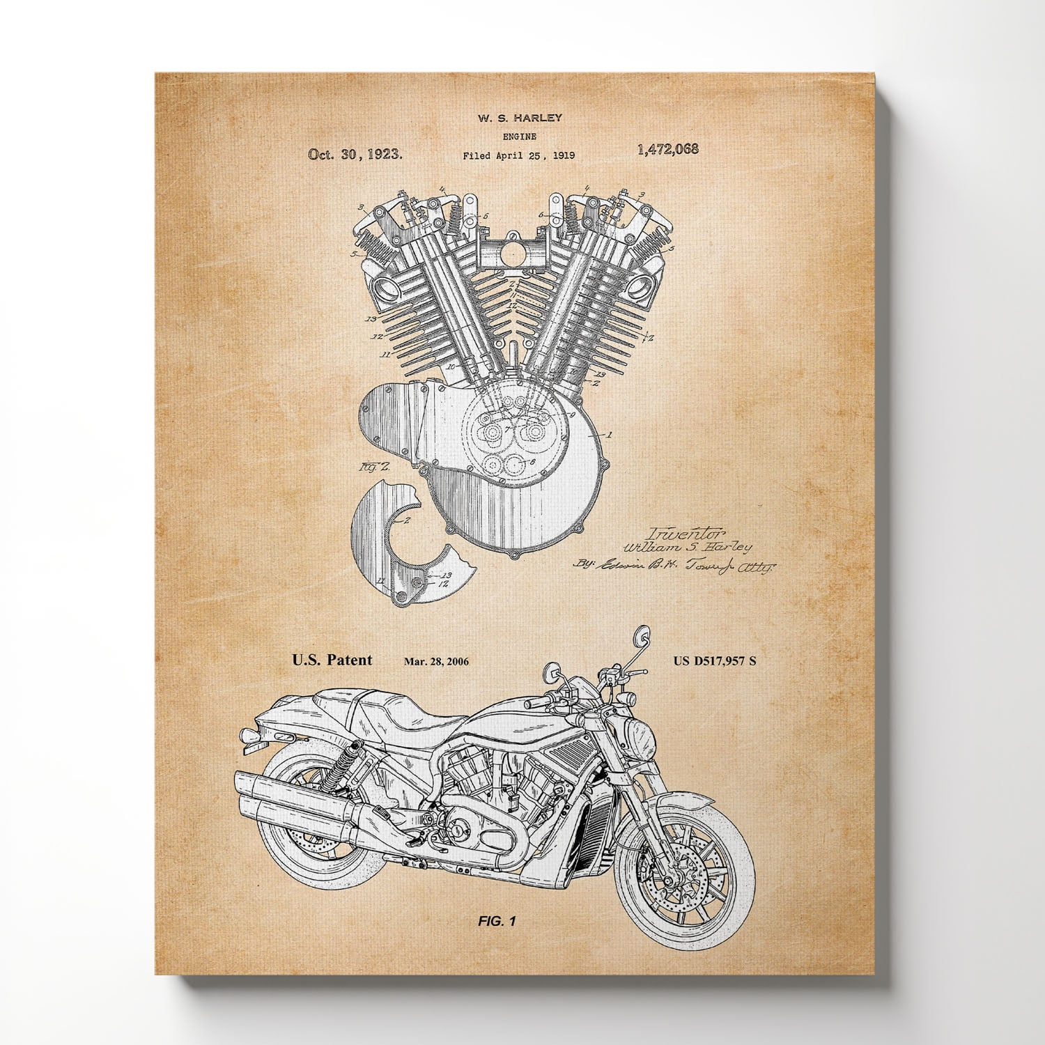 Vintage Harley Davidson Engine and Motorcycle Patent Canvas Frame, Harley Davidson Decor, Harley Davidson Gifts for Men, Motorcycle Art, Motorcycle Picture Frame,16x20