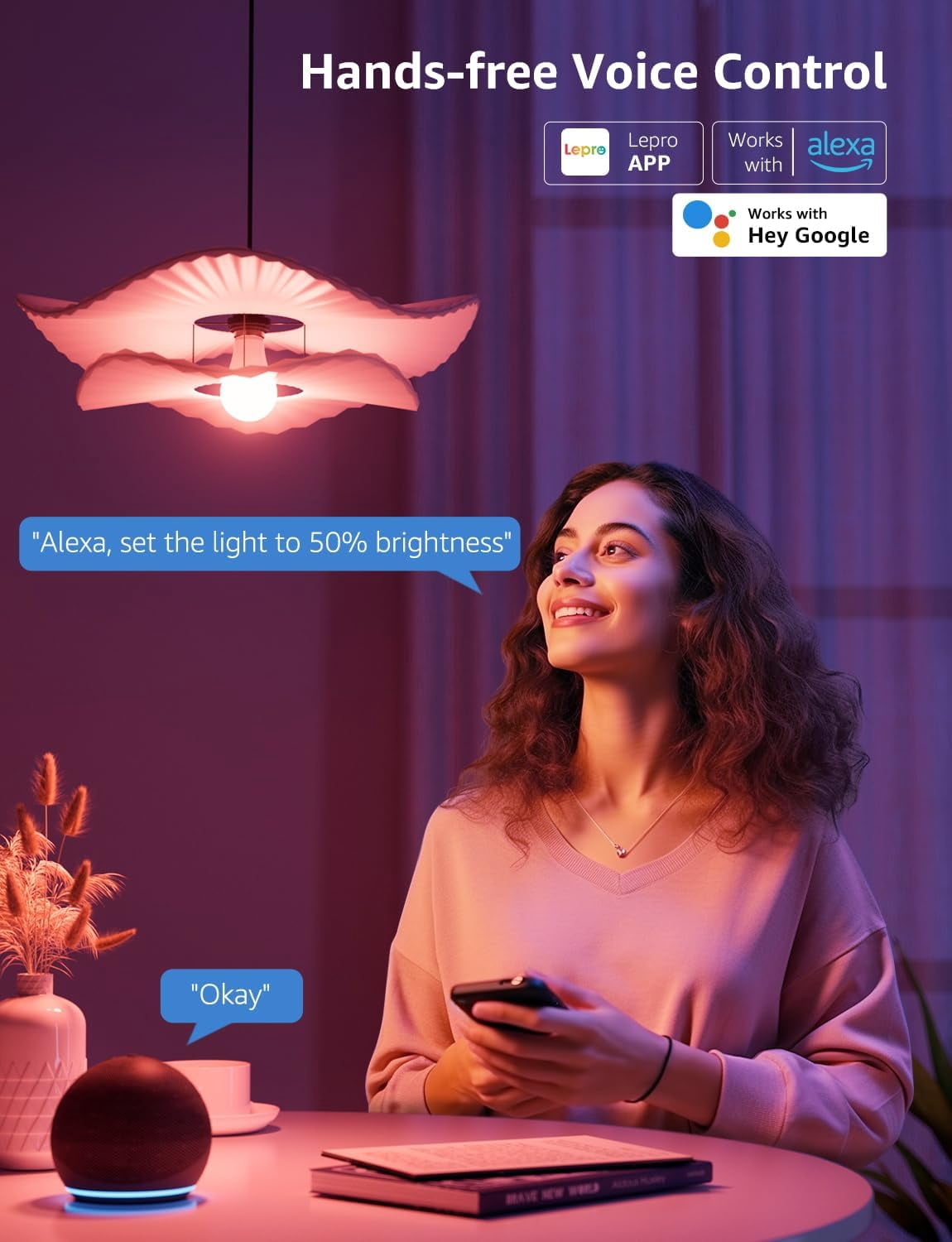 Lepro B2 AI LED Light Bulbs, 2-Pack RGBww Color Changing, 1100 Lumens, Voice Control, Music Sync, Wi-Fi and Bluetooth, Works with Alexa and Google