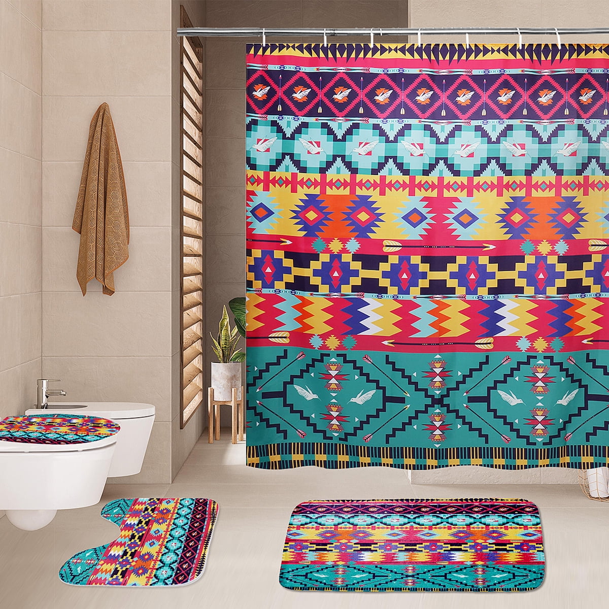 71x71 inch 4Pcs Bohemia Style Shower Curtain NonSlip Rug Bathroom Mats Set