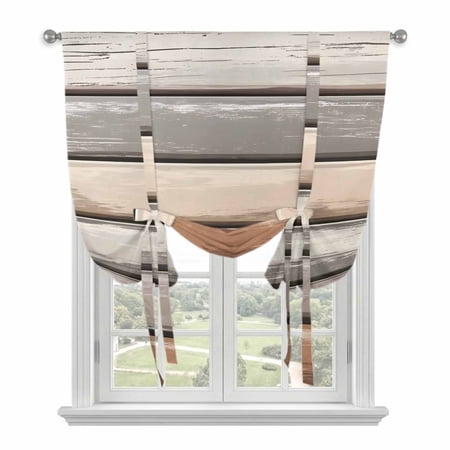 Brown Beige Stripes Tie Up Curtains for Windows, Adjustable Rod Pocket Valance Shade, Geometric Painting Neutral Textured Light Filtering Window Treatment for Kitchen Bedroom Living Room 42"x 45"