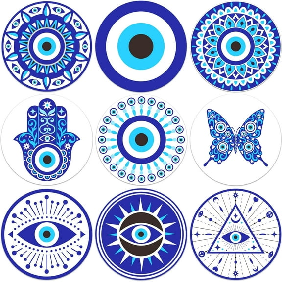 9Pcs Evil Eye Wood Coasters Butterfly Mandala Flower Wood Drink Coaster Coffee Cup Mat for Kitchen Table Bar Cup Home Dining Decor 4" Diameter 5mm Thick