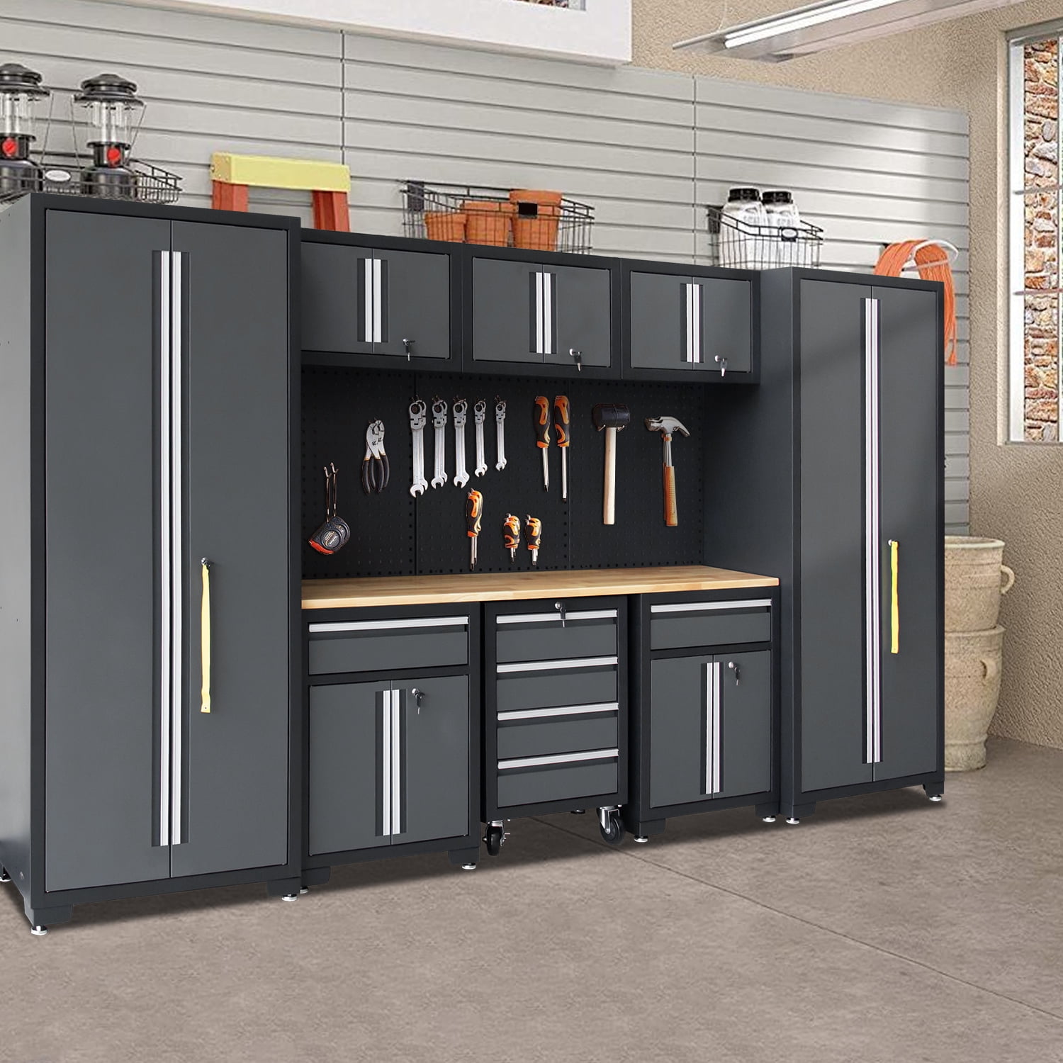 HPDMC 9-Piece Garage Shop Tool Storage Cabinet Set with Pegboard and Wooden Work Top 24 Gauge Steel Tool Chests & Garage Mounted Storage Systems - Black+Gray