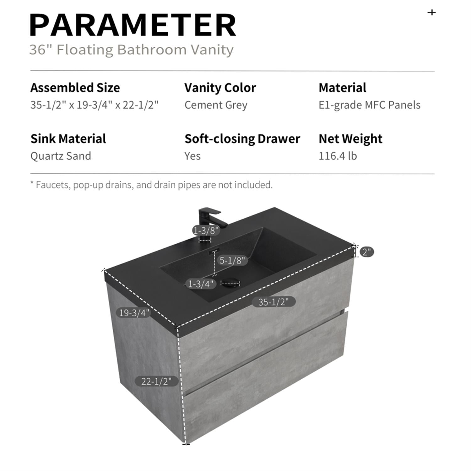 Demi Bonn 35" Floating Bathroom Vanity with Sink, Black Quartz Sand Top Basin and 2 Soft Close Drawers, Faucets and Drains Not Included, Gray