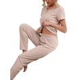 thumbnail image 4 of Yuemengxuan Lady Home Wear Warm Soft Suit, Solid Color Short Sleeve T-shirt, Loose Trousers, 4 of 5