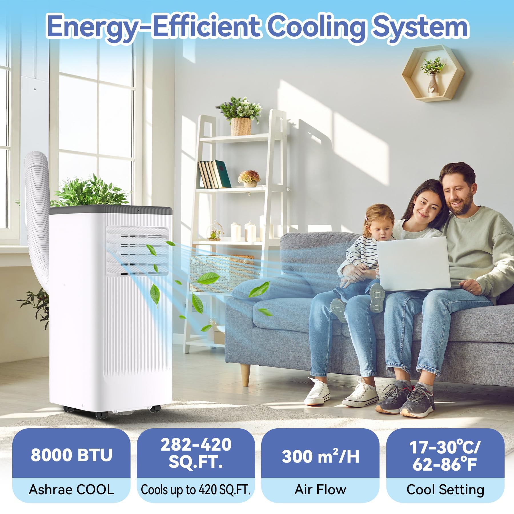 8000 BTU Portable Air Conditioner with Wheels, Portable AC Unit with Remote, Indoor Air Conditioner for Room 420 SQ.FT, Cooling/Fan/Dry Modes, Low Noise for Apartments, Office, Bedroom, Living Room