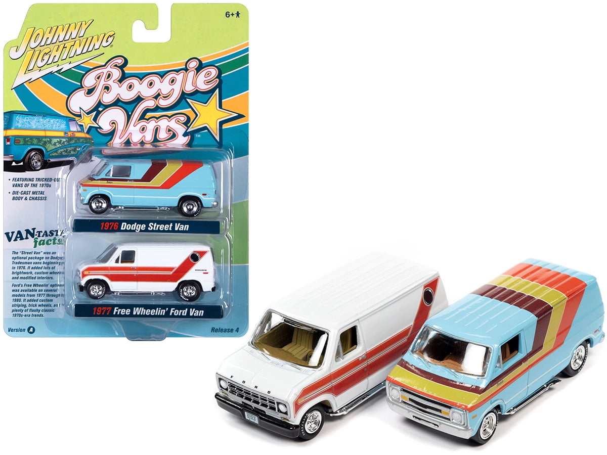 Diecast 1976 Dodge Street Van Light Blue and 1977 Ford Econoline 150 Free Wheelin' Van White Diecast 1976 Dodge Street Van Light Blue and 1977 Ford Econoline 150 Free Wheelin' Van White