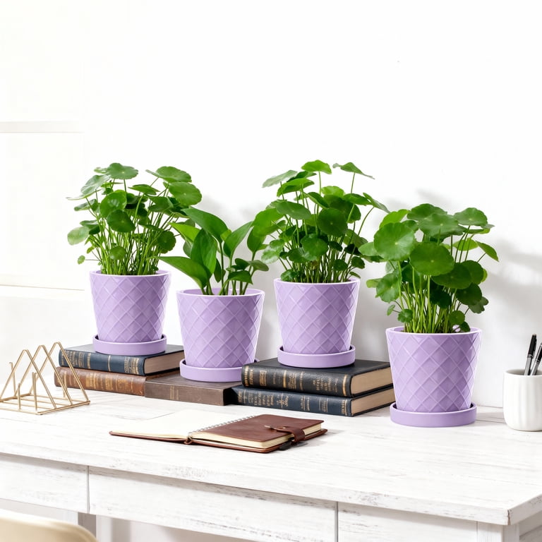 Buymax 5" Ceramic plant pots with drainage hole and tray, 4-Pack-1-pattern, gardening home desktop office windowsill decorationpurple flower pots