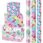 Mermaid Wrapping Paper Roll - 3 Short Roll - Birthday Wrapping Paper for Kids Girls Birthday, Mermaid Party, Baby Shower - 17 Inch x 120 Inch Per roll