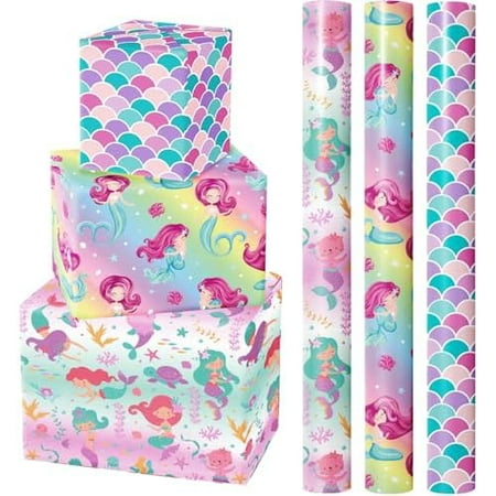 Mermaid Wrapping Paper Roll - 3 Short Roll - Birthday Wrapping Paper for Kids Girls Birthday, Mermaid Party, Baby Shower - 17 Inch x 120 Inch Per roll